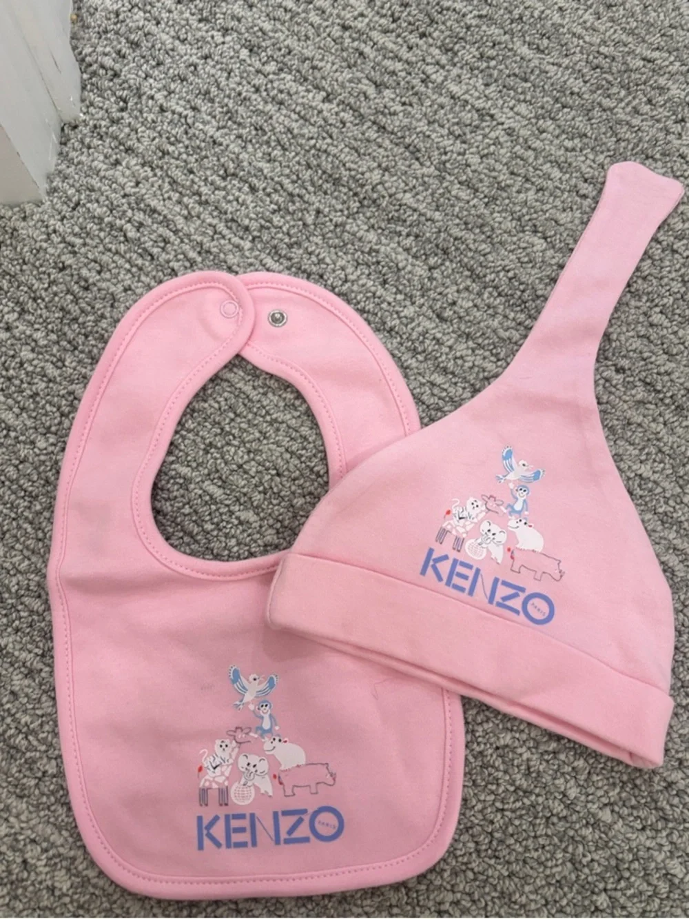 Kenzo Pink Baby Bib and Hat Set with Animal Motif